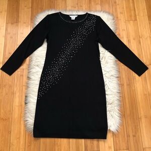 Exclusively Misook Rhinestone Embellished Long Sleeves Black Knit Midi Dress S